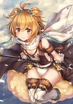  :3 ahoge andira_(granblue_fantasy) bangs blonde_hair blush breasts brown_eyes day erune eyebrows_visible_through_hair fingerless_gloves frilled_gloves frills fur-trimmed_legwear fur_trim gloves granblue_fantasy highres holding holding_weapon ks leotard looking_at_viewer outdoors scarf small_breasts smile solo thighhighs thighs toes twintails weapon white_leotard white_scarf 