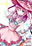  ;) akiyasu blue_eyes blush choker elizabeth_bathory_(fate) elizabeth_bathory_(fate)_(all) fate/extra fate/extra_ccc fate/grand_order fate_(series) flower hat index_finger_raised long_hair one_eye_closed pig pink_hair pointy_ears rose smile solo witch_hat 