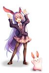  :3 :d animal_ears arms_up black_jacket black_legwear blazer brown_footwear bunny bunny_ears bunny_pose buttons chiyu_(kumataro0x0) collared_shirt contrapposto full_body hair_between_eyes highres jacket lavender_hair loafers long_hair looking_at_viewer necktie open_mouth orange_eyes pantyhose parody pink_skirt pleated_skirt pokemon pokemon_(game) pokemon_sm red_neckwear reisen_udongein_inaba shirt shoes simple_background skirt smile standing touhou very_long_hair white_background white_shirt 