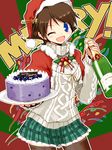  ;d aran_sweater bell black_legwear blue_eyes blueberry blush bottle brown_hair cake capelet christmas confetti english eyebrows_visible_through_hair food fruit hairband hat hiei_(kantai_collection) holding jingle_bell kanoe_soushi kantai_collection long_sleeves looking_at_viewer merry_christmas one_eye_closed open_mouth plaid plaid_skirt pleated_skirt santa_hat short_hair skirt smile solo sweater thighhighs tray turtleneck wine_bottle zettai_ryouiki 