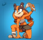  2016 anthro argento armpits badger black_nose blue_eyes boomerang bracelet brown_fur brown_hair bushy_pubes clothing crouching edit female footwear fur hair hi_res jewelry long_hair looking_up mammal mustelid navel necklace open_mouth orange_fur orange_hair pubes pussy shoes skirt smile solo sonic_(series) sonic_boom sticks_the_jungle_badger 