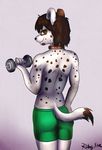  anthro biceps butt canine clothing collar dalmatian digital_media_(artwork) dog dumbbell exercise fan_character looking_at_viewer looking_back male mammal rear_view rodney_five simple_background spots standing swimming_trunks swimsuit underwear weights workout 