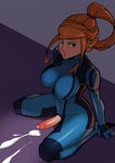  blonde_hair blue_eyes bodysuit breasts cum ejaculation erection futanari kneeling large_breasts metroid nintendo penis ponytail samus_aran sitting solo splashbrush tight_clothes zero_suit 