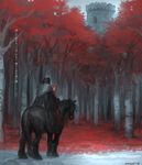  1girl aureolin31 autumn_leaves blonde_hair blue_eyes braid castle coat forest fur-trimmed_coat fur_trim highres horse horseback_riding looking_at_viewer looking_back multiple_riders nature original red_cloak red_hood riding signature snow translation_request twin_braids 