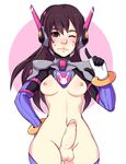  1girl 5-ish breasts breasts_outside brown_hair d.va_(overwatch) erection functionally_nude futanari nipples overwatch penis small_breasts solo torn_clothes uncensored 