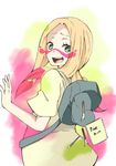  :d alternate_eye_color backpack bag bare_arms blonde_hair bright_pupils eyebrows_visible_through_hair eyelashes eyes_visible_through_hair facepaint from_behind green_eyes highres long_hair looking_at_viewer looking_back low_ponytail matsurika_(pokemon) notepad open_mouth osyannn_(sarakazu_0915) oversized_clothes oversized_shirt paint paintbrush pokemon pokemon_(game) pokemon_sm raised_eyebrows shirt short_sleeves smile solo standing sweat teeth tongue trial_captain yellow_shirt 