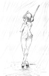  caprine cloven_hooves digitigrade ear_piercing female goat greyscale hooves horn jewelry mammal melee_weapon monochrome necklace nude piercing raining solo sword tasteful_nudity thalomine weapon 