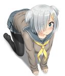  all_fours alternate_costume alternate_hairstyle black_legwear blue_eyes blush full_body hair_ornament hair_over_one_eye hairpin hamakaze_(kantai_collection) kantai_collection looking_at_viewer nedia_(nedia_region) no_shoes pantyhose pleated_skirt short_hair silver_hair simple_background skirt solo sweater white_background 
