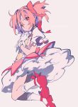  1girl bow copyright_name gloves hair_between_eyes hair_bow high_heels highres kaname_madoka kyubey looking_at_viewer magical_girl mahou_shoujo_madoka_magica mochizuki_kei pink_eyes pink_hair pink_shirt puffy_short_sleeves puffy_sleeves shirt short_sleeves simple_background skirt white_gloves white_legwear white_skirt 