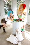  2girls asian belt blonde_hair blue_eyes blue_hair breasts bulma bulma_(cosplay) chouzuki_maryou cleavage cosplay dragon_ball dragon_radar fingerless_gloves gloves gun large_breasts lunch_(dragon_ball) lunch_(dragon_ball)_(cosplay) multiple_girls photo plump suzuka_itsuki weapon 