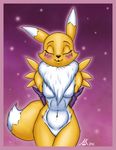  2016 anthro atticuskotch blush breasts bridal_gauntlets canine clothing cute digimon eyes_closed featureless_crotch female fox fur hi_res kissing leaning leaning_forward mammal mostly_nude navel renamon signature standing tuft white_fur yellow_fur 