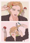  black_shirt blonde_hair brushing_teeth comb hypnosis_mic izanami_hifumi kannonzaka_doppo morning multicolored_hair multiple_boys open_mouth red_hair shirt smile straighteners styling_hair 