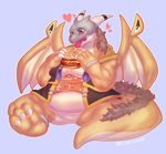  &lt;3 achakura ambiguous_gender anthro burger charizard clothed clothing dragon food horn hybrid nintendo obese overweight pok&eacute;mon sitting skull smile solo tongue tongue_out video_games wings 