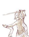  ambiguous_gender caprine clothed clothing cloven_hooves ear_piercing goat greyscale hooves horizontal_pupils horn mammal melee_weapon monochrome piercing solo sword thalomine topless weapon 