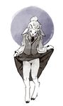  caprine clothing clothing_lift cloven_hooves female flat_chested goat greyscale hair hair_bun hooves horn mammal monochrome pussy skirt skirt_lift smile solo thalomine traditional_media_(artwork) waistcoat watercolor_(artwork) 