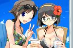  ;d bikini_top black_bikini_top black_eyes black_hair blue_eyes blush breasts brown_hair cleavage closed_mouth collarbone cup day disposable_cup drinking_straw eyebrows_visible_through_hair eyewear_on_head floral_print glasses glint green-framed_eyewear hair_ornament hairclip halterneck hiei_(kantai_collection) holding jewelry kanoe_soushi kantai_collection kirishima_(kantai_collection) medium_breasts multiple_girls necklace one_eye_closed open_mouth outdoors semi-rimless_eyewear short_hair sky smile sunglasses twitter_username under-rim_eyewear upper_body v water 