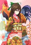  bird blush bow brown_hair chicken chinese_zodiac cowboy_shot floral_print furisode green_bow hair_between_eyes hair_bow hair_ornament hair_stick highres japanese_clothes kimono long_hair looking_at_viewer multicolored multicolored_clothes multicolored_kimono new_year no_wings obi red_eyes reiuji_utsuho rooster sash sidelocks smile solo tiny_taiga touhou unmoving_pattern wide_sleeves year_of_the_rooster 