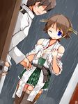  1girl admiral_(kantai_collection) bare_shoulders black_legwear blue_eyes brown_hair collarbone commentary detached_sleeves door doorway dutch_angle eyebrows_visible_through_hair glint hairband hiei_(kantai_collection) kanoe_soushi kantai_collection military military_uniform nontraditional_miko one_eye_closed open_mouth plaid plaid_skirt pleated_skirt rain ribbon-trimmed_sleeves ribbon_trim short_hair sideways_mouth skirt thighhighs uniform wet wet_clothes wet_hair zettai_ryouiki 