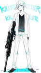  arms_at_sides black_shirt blue_eyes commentary copyright_name danganronpa danganronpa_gaiden:_killer_killer fujigawa_shuuji full_body gun highres jacket long_sleeves looking_at_viewer male_focus open_clothes open_jacket pants protected_link rifle shanshan_(wwwwwcojp) shell_casing shirt simple_background sniper_rifle solo spot_color suit_jacket v-neck weapon white_background white_pants white_shirt 