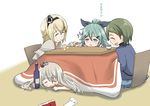  b-man blonde_hair bottle closed_eyes clothes_removed crown drunk food fruit green_eyes green_hair grey_hair hairband kantai_collection kotatsu little_girl_admiral_(kantai_collection) mandarin_orange mini_crown multiple_girls pola_(kantai_collection) pout short_hair table under_kotatsu under_table warspite_(kantai_collection) wine_bottle yamakaze_(kantai_collection) 