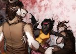  2016 abstract_background angry anthro bat black_fur black_hair brown_fur brown_hair clothed clothing entalonus faraden fear feathers female fur hair horn male mammal multicolored_hair open_mouth piercing pink_hair psycrhen ratte rezki ruun two_tone_hair wounded 