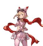  animal_hat ass blonde_hair djeeta_(granblue_fantasy) finger_gun from_behind gloves goggles goggles_on_head granblue_fantasy hand_on_hip hat jacket looking_at_viewer minaba_hideo official_art open_clothes open_jacket racing_suit red_scarf scarf short_hair smile solo transparent_background 