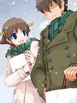  :d admiral_(kantai_collection) bag blue_eyes blush breath brown_coat brown_hair closed_mouth coat day flying_sweatdrops green_scarf hair_ornament hair_over_eyes hairband hairclip hand_on_hip hiei_(kantai_collection) holding kanoe_soushi kantai_collection looking_at_another open_mouth outdoors scarf shopping_bag short_hair smile snow twitter_username 
