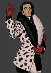  arm_up black_hair cowboy_shot disney disneyland eyeshadow fur_coat gloves grey_background komo_(sleepy) looking_at_viewer makeup male_focus mr._dalmatia recruiters_(disney) red_gloves simple_background smile solo 