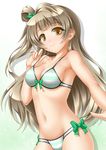  :3 bikini breasts brown_eyes brown_hair cleavage highres long_hair looking_at_viewer love_live! love_live!_school_idol_festival love_live!_school_idol_project medium_breasts minami_kotori navel one_side_up roura shiny shiny_skin solo strap_lift striped striped_bikini swimsuit 