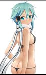  ass bikini blue_eyes blue_hair blush breasts highres letterboxed looking_at_viewer looking_back micro_bikini negija scarf short_hair sinon small_breasts solo swimsuit sword_art_online white_background 