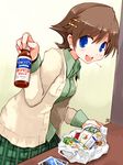  :d bag blue_eyes blush bottle brown_hair cardigan casual collared_shirt eyebrows_visible_through_hair food from_side green_shirt hair_ornament hairclip head_tilt heart hiei_(kantai_collection) holding holding_bottle kanoe_soushi kantai_collection looking_at_viewer open_cardigan open_clothes open_mouth plaid plaid_skirt plastic_bag pleated_skirt shirt short_hair skirt smile solo wing_collar 