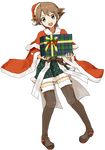  :d alternate_costume bell black_legwear blue_eyes blush boots box brown_hair capelet christmas eyebrows_visible_through_hair full_body fur_trim gift gift_box hairband hat head_tilt hiei_(kantai_collection) highres holding jingle_bell kanoe_soushi kantai_collection looking_at_viewer open_mouth plaid plaid_skirt pleated_skirt santa_costume santa_hat short_hair skirt smile solo thigh_boots thighhighs transparent_background wide_sleeves 