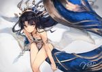  arm_at_side artist_name bangs banner bare_legs bare_shoulders black_hair chain closed_mouth collar collarbone fate/grand_order fate_(series) flat_chest from_above grey_background heavenly_boat_maanna invisible_chair ishtar_(fate/grand_order) leotard long_hair long_legs parted_bangs rean_(r_ean) red_eyes simple_background sitting sketch smile solo thigh_gap tiara very_long_hair 
