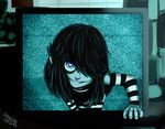  1girl creepy crossover detached_sleeves goth gothic grin hair_over_one_eye heart-shaped_pupils lucy_loud striped striped_legwear striped_sleeves television the_loud_house the_ring 