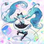  absurdly_long_hair bangs black_footwear black_legwear boots bow breasts cable dress frilled_skirt frills full_body gloves green_eyes green_hair hair_bow hands_up hatsune_miku headset high_heel_boots high_heels highres long_hair looking_at_viewer magical_mirai_(vocaloid) medium_breasts microphone open_mouth outstretched_arms pantyhose petticoat print_legwear sadal skirt sleeveless sleeveless_dress smile solo teeth thigh_boots thighhighs twintails very_long_hair vocaloid white_gloves white_legwear 