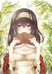  bad_id bad_pixiv_id black_hair blue_eyes blush book breasts cleavage eyebrows_visible_through_hair hairband idolmaster idolmaster_cinderella_girls large_breasts open_book plaid plaid_scarf sagisawa_fumika scarf short_hair solo sweater zinczinc_ka 