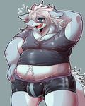  achakura anthro blush bulge chest_tuft clothing dragon fangs male obese open_mouth overweight pubes simple_background solo standing sweat tight_clothing tuft 