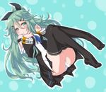  :&lt; black_legwear blue_background blue_neckwear dd_(ijigendd) full_body green_eyes green_hair hair_between_eyes hair_ornament hairclip hands_up kantai_collection knees_up long_hair looking_at_viewer no_shoes panties pantyshot solo thighhighs thighs underwear very_long_hair yamakaze_(kantai_collection) 