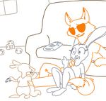  2016 anthro buckteeth canine clothed clothing disney female fox group inside judy_hopps kangaroo lagomorph male mammal marsupial newspaper nick_wilde open_mouth open_smile rabbit sitting smile sofa teeth the_weaver waving young zootopia 