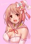  breasts brown_eyes brown_hair character_name cleavage hakobi_(8kb) hat highres idolmaster idolmaster_cinderella_girls idolmaster_cinderella_girls_starlight_stage large_breasts looking_at_viewer mimura_kanako pink_background short_hair smile solo witch_hat 