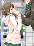  1girl :d ^_^ admiral_(kantai_collection) blush brown_coat brown_hair closed_eyes closed_mouth coat eyebrows_visible_through_hair from_side fur_trim green_scarf hairband hiei_(kantai_collection) hooded_coat kanoe_soushi kantai_collection long_sleeves open_mouth outdoors pink_coat plaid plaid_skirt pleated_skirt profile runny_nose scarf short_hair sideways_mouth skirt smile snowing standing translation_request winter_clothes wiping_nose 