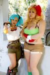  2girls asian belt blonde_hair blue_eyes blue_hair breasts bulma bulma_(cosplay) chouzuki_maryou cleavage cosplay dragon_ball dragon_radar fingerless_gloves gloves gun large_breasts lunch_(dragon_ball) lunch_(dragon_ball)_(cosplay) multiple_girls photo plump suzuka_itsuki weapon 