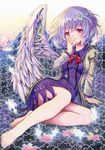  barefoot blue_hair bow bowtie brooch commentary_request dress feathered_wings hand_over_face highres jacket jewelry kishin_sagume kittona long_sleeves puzzle_piece red_eyes short_hair single_wing sitting solo touhou traditional_media watercolor_pencil_(medium) wings 
