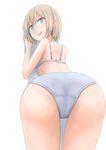  against_wall ass ass_focus back bangs bent_over bra cameltoe commentary cowboy_shot crotch_seam eyebrows_visible_through_hair green_eyes grey_bra grey_panties gusset highres light_brown_hair looking_at_viewer looking_back open_mouth original owarimiru panties short_hair simple_background smile solo standing thighs underwear underwear_only white_background 