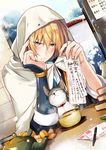  animal blonde_hair blue_eyes book cat chin_rest cup dutch_angle food fruit highres hirai_yuzuki hood letter male_focus new_year orange pen table tea teacup teapot touken_ranbu translation_request yamanbagiri_kunihiro 