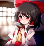  arm_ribbon ascot black_hair blush bow bowl breasts brown_hair day food frilled_bow frilled_shirt_collar frills hair_bow hair_tubes hakurei_reimu holding holding_bowl indoors light_rays looking_afar parted_lips red_eyes red_shirt ribbon room shiny shiny_hair shiohachi shirt short_hair sleeveless sleeveless_shirt small_breasts solo soup steam sunlight touhou window 