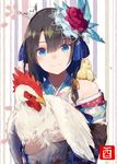  animal animal_on_head bare_shoulders bird black_hair blue_eyes chicken chinese_zodiac flower hair_flower hair_ornament japanese_clothes looking_at_viewer new_year on_head original roll_okashi rooster short_hair smile solo upper_body year_of_the_rooster 