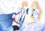  1girl belt blonde_hair braid brother_and_sister bug butterfly cape dress earrings flower gloves green_eyes hand_kiss insect jewelry kiss long_hair oscar_dragonia ringoro rose siblings sword tales_of_(series) tales_of_berseria teresa_linares weapon 