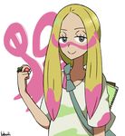  artist_name bag blonde_hair bra closed_mouth collarbone eyelashes facepaint grey_eyes half-closed_eyes highres holding holding_poke_ball jewelry kuruto. long_hair looking_at_viewer low_ponytail matsurika_(pokemon) notepad oversized_clothes oversized_shirt paint pink_bra poke_ball poke_ball_(generic) pokemon pokemon_(game) pokemon_sm ring shirt short_sleeves simple_background smile solo sports_bra standing strap trial_captain underwear upper_body white_background white_shirt 