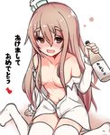  1girl blush breasts brown_eyes collarbone collared_shirt drunk grey_hair hair_censor hair_over_breasts half-closed_eye hat highres kantai_collection long_hair medium_breasts mini_hat naked_shirt no_bra no_panties off_shoulder open_clothes open_mouth open_shirt partially_unbuttoned pola_(kantai_collection) shirt simple_background sitting solo thick_eyebrows thighhighs tilted_headwear translated wariza wavy_hair white_background white_legwear white_shirt 